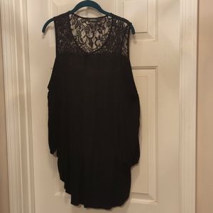 Karen Kane plus size black cold shoulder top with lovely lace bodice